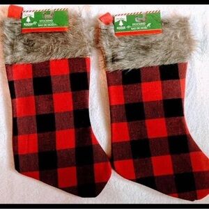 2 pc. Red Buffalo Check Faux Fur Trimmed Stockings Christmas Decor NWT
